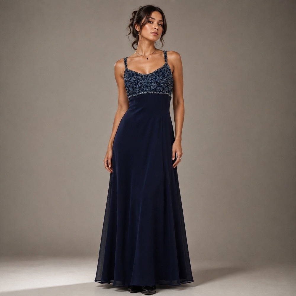 Vtg Fleur De Lis Silk Maxi Dress 12 Navy Blue Beaded Formal Gown Whimsy Ethereal